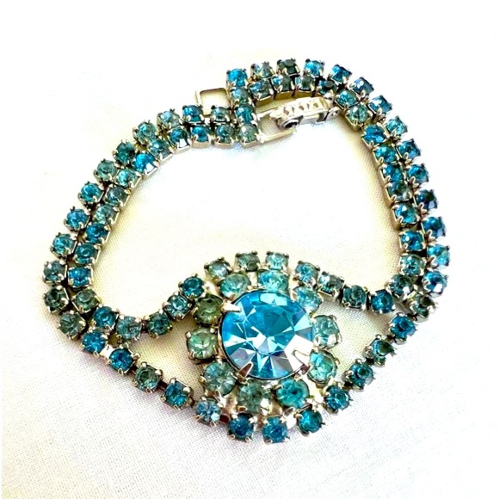 Vintage Blue Rhinestone Floral Wrap Bracelet 7”